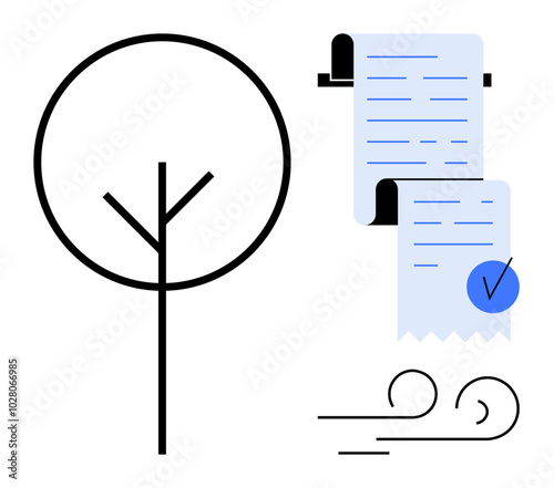 Simplistic style emphasizing environmental conservation featuring a tree, document scroll with a checkmark, and wind symbol. Ideal for nature, compliance, sustainability, ecology, environmental
