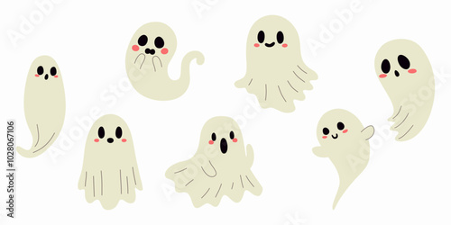 Duchy na Halloween. Straszne i zabawne sylwetki duchów. Tradycyjne dekoracje na Halloween. Ilustracja wektorowa.