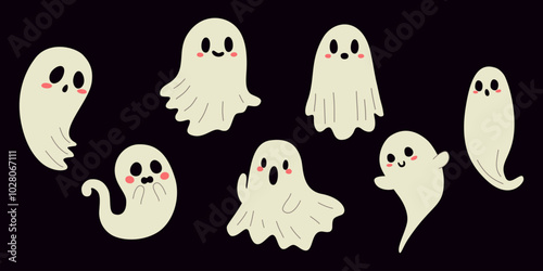 Duchy na Halloween. Straszne i zabawne sylwetki duchów. Tradycyjne dekoracje na Halloween. Ilustracja wektorowa.