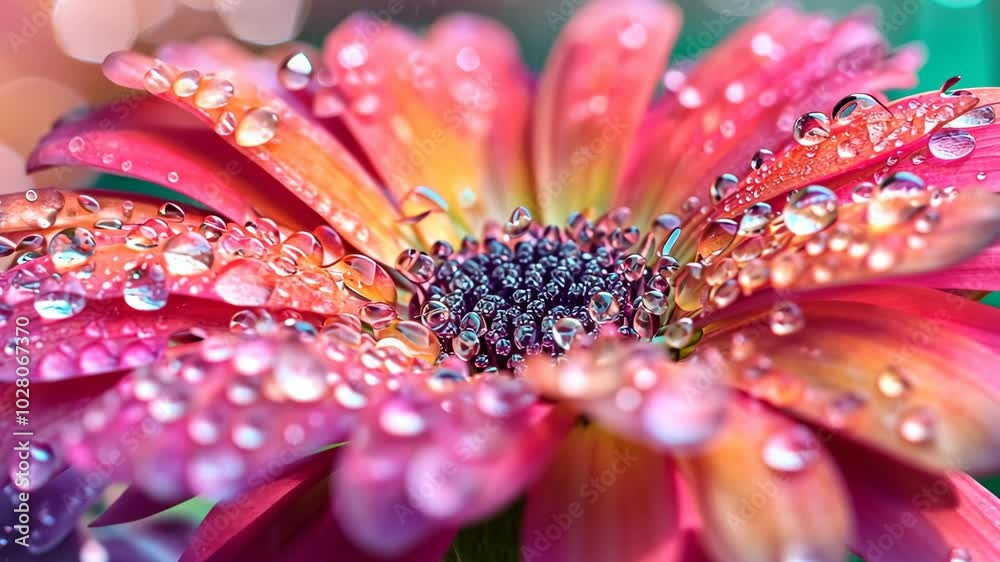 A pink and orange flower is covered in dew drops after a morning rain