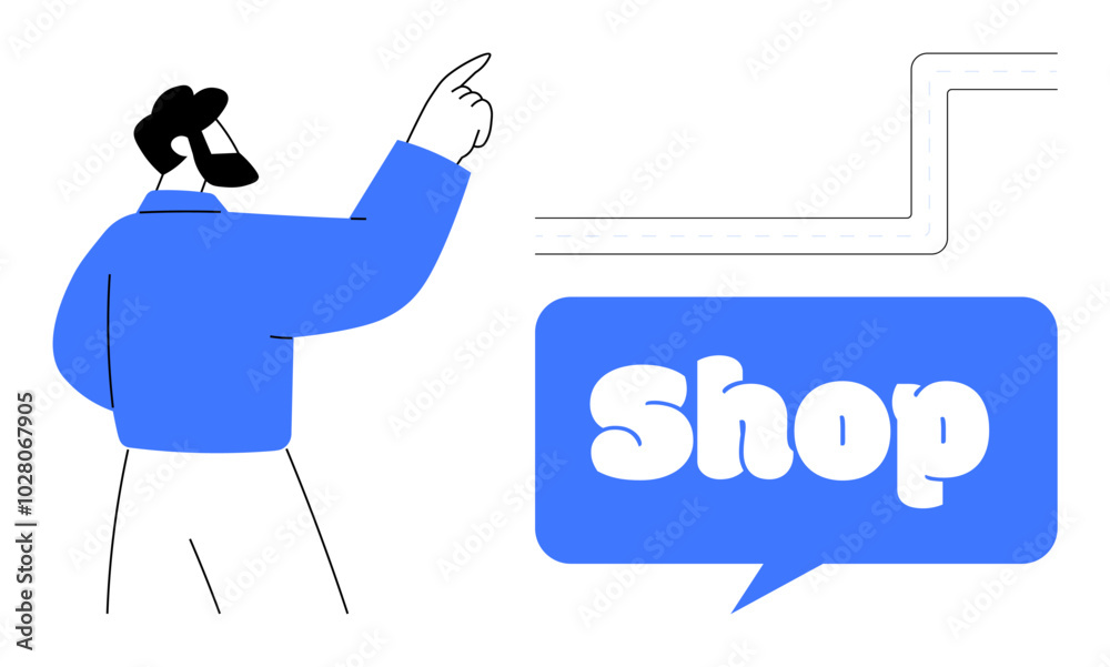 Man with a beard in blue shirt pointing toward a blue speech bubble with the word shop inside. Ideal for e-commerce, online store, shopping, business promotion, customer engagement. Modern flat style
