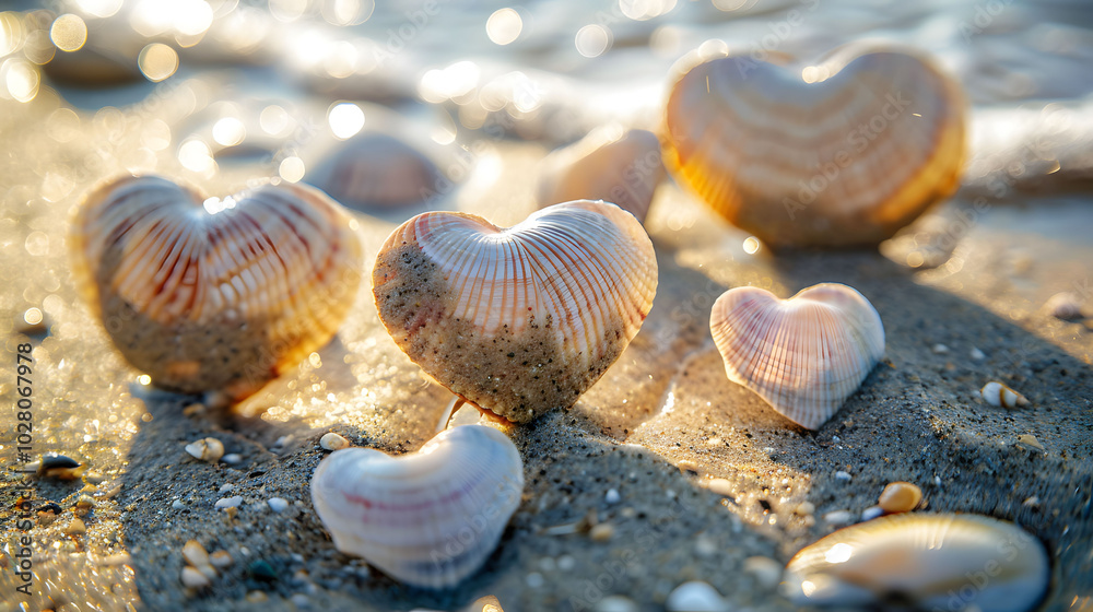 Heart-Shaped Seashells on a Sandy Beach with Soft Sunlight and Sparkling Water. Heart-Shaped Seashells on a Sandy Beach with Soft Sunlight and Sparkling Water.
