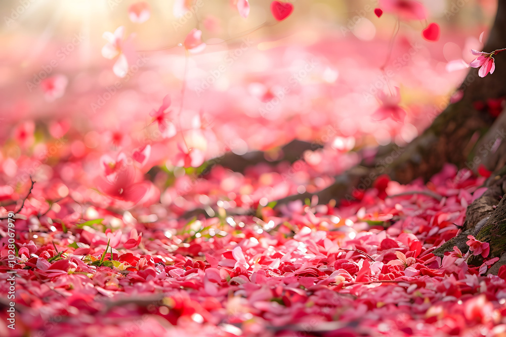 Pink Flower Petals Falling From Tree Branch To Ground In Soft Sunlight  .