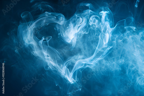 Abstract Smoke Art A Delicate Heart Shape Formed by White Smoke on a Blue Background.
