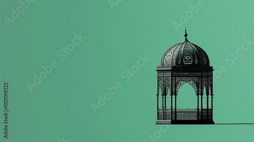 A minimalist image of a maqsurah structure isolated against a solid green background. The ornate enclosure is centered, emphasizing simplicity and its role in mosque architecture. photo