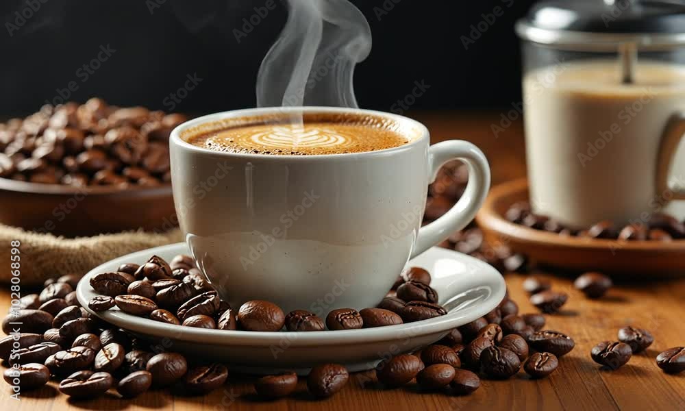 Close-up view of a cup of steaming hot coffee and coffee beans on table