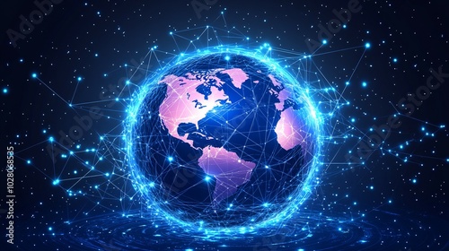A glowing blue and pink Earth surrounded by a network of lines and dots