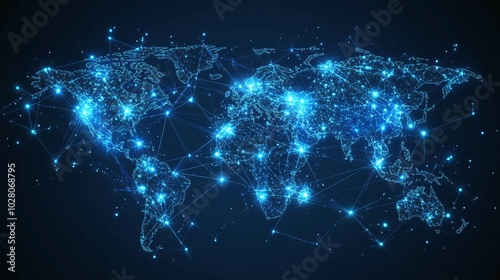 A glowing, interconnected world map representing global network.