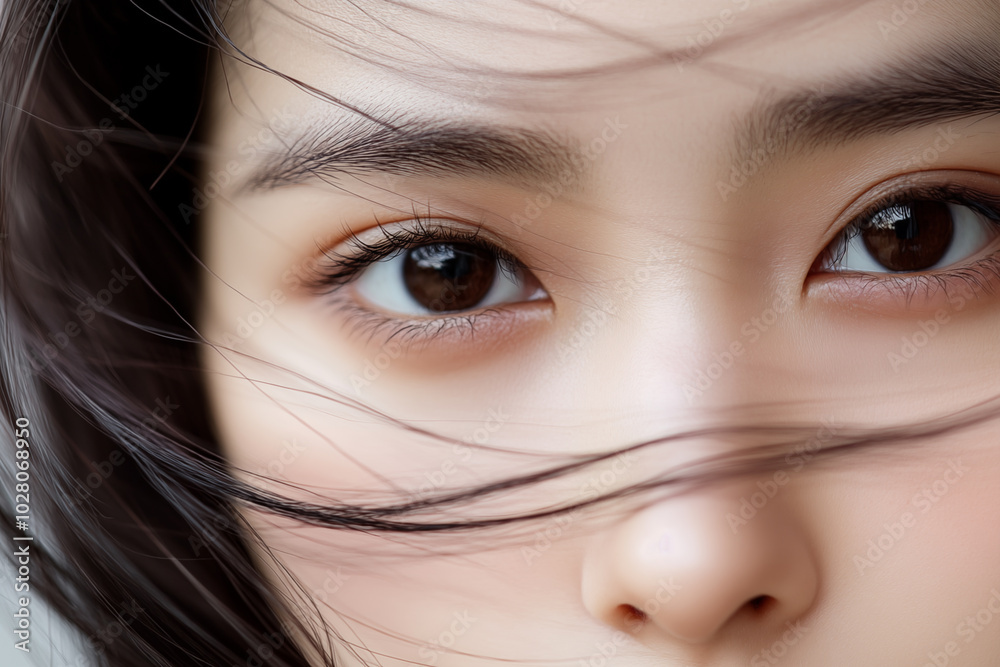 Fototapeta premium close-up of woman's eyes with hair blowing across face