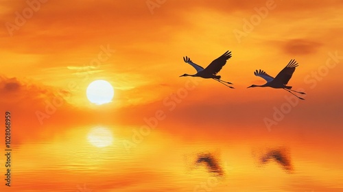 Silhouetted cranes fly across a vibrant orange sunset, reflected in the calm waters below. A serene and captivating nature scene. 