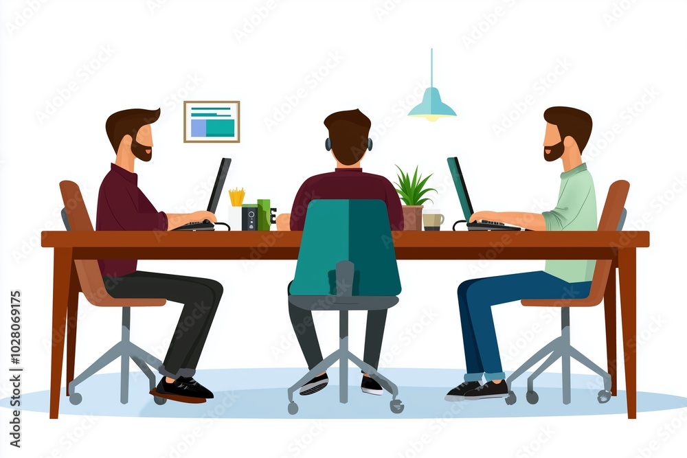 Three men collaborate at a modern desk with laptops, plants, and a bright workspace, embodying teamwork and creativity in a professional setting. Three men collaborate at a modern desk with laptops, plants, and a bright workspace, embodying teamwork and creativity in a professional setting.