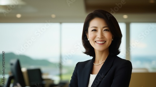 Professional businesswoman smiling in a modern office setting for corporate use