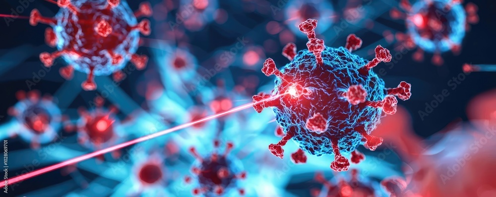 A high-tech illustration of a virus with glowing elements, depicting its structure and interactions in a digital environment. A high-tech illustration of a virus with glowing elements, depicting its structure and interactions in a digital environment.