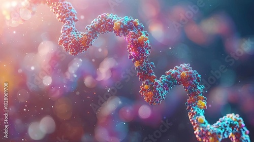 Colorful DNA strand with glowing particles, vibrant background, showcasing cellular biology.