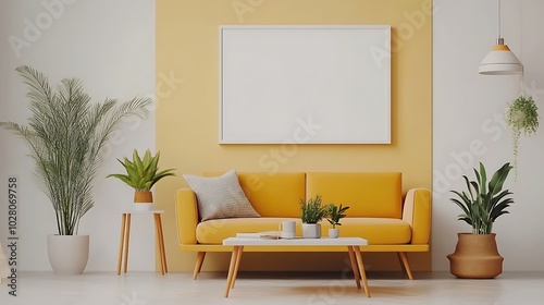 A mid-century modern living room with retro furniture, bold colors, and a blank white frame above a sleek coffee table, creating a stylish space for contemporary art.