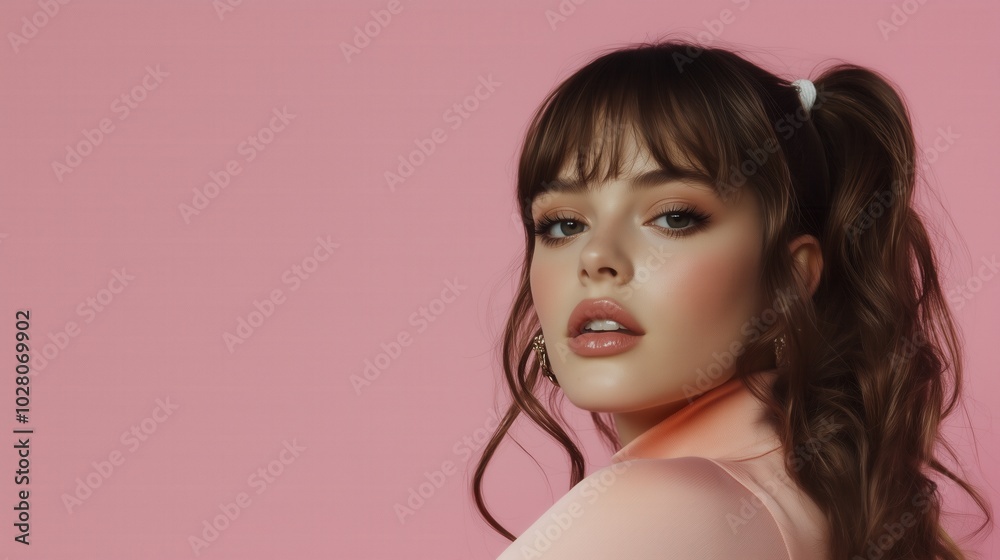 Spring beauty concept: young woman with twin tails on pastel pink background for fashion media Spring beauty concept: young woman with twin tails on pastel pink background for fashion media