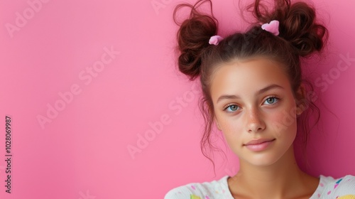 Spring beauty portrait with twin tails on pink background for fashion editorial