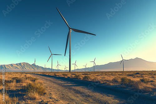 Wind Turbine Farm in a Scenic Landscape, Located on a desert plain with clear blue skies, it is a green energy that reduces carbon dioxide emissions.