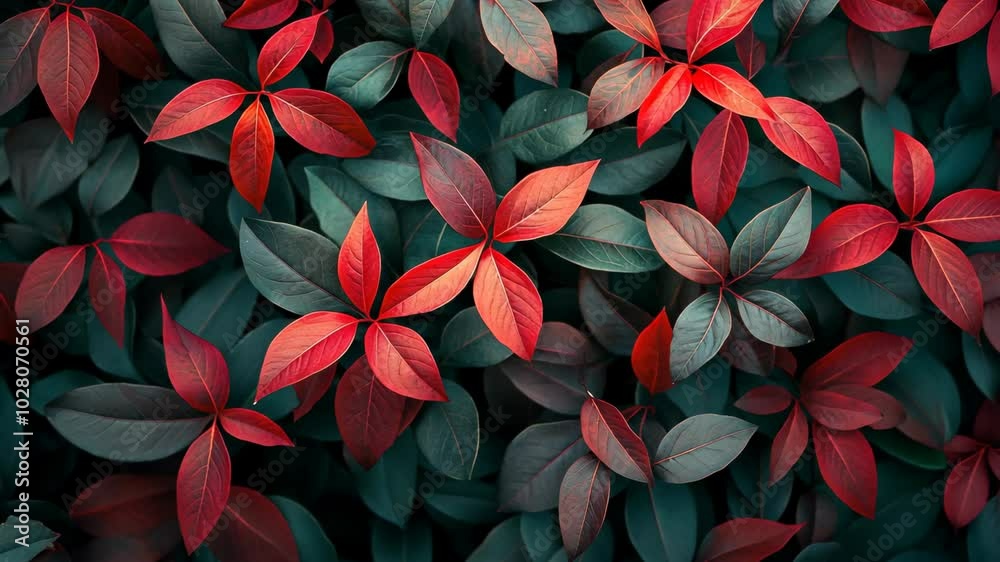 Red and green leaves create a vibrant pattern in this close-up photograph Red and green leaves create a vibrant pattern in this close-up photograph