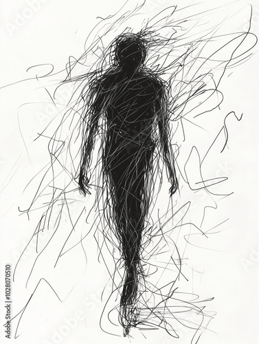 chaotic black ballpoint pen sketch of a man representing stress and grief