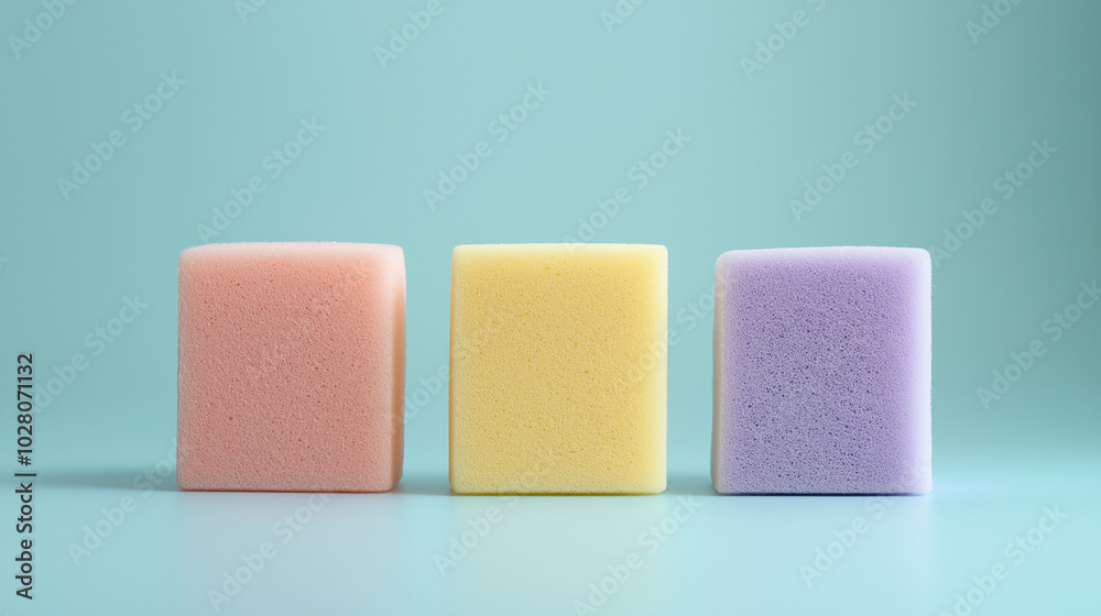 a front, slightly angled view of three kitchen sponges placed upright and spaced equally in the center of a soft blue background a front, slightly angled view of three kitchen sponges placed upright and spaced equally in the center of a soft blue background