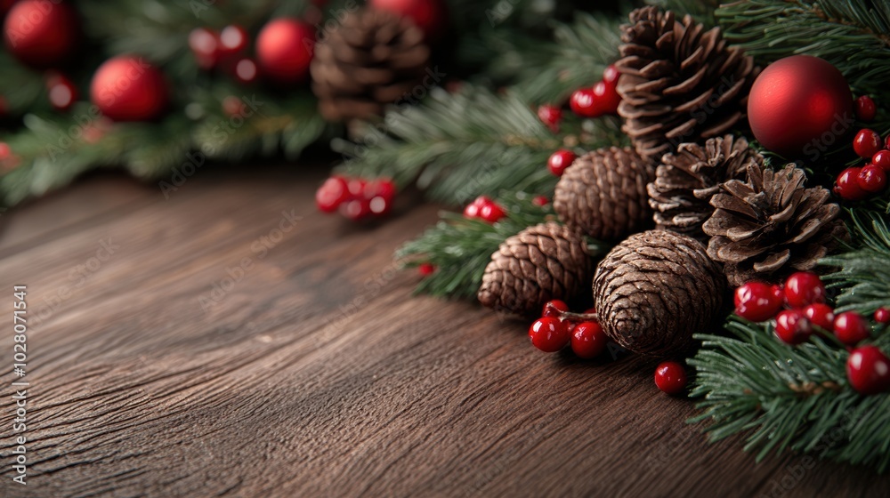 Festive pinecones and red berries on rustic wooden background for holiday decoration.