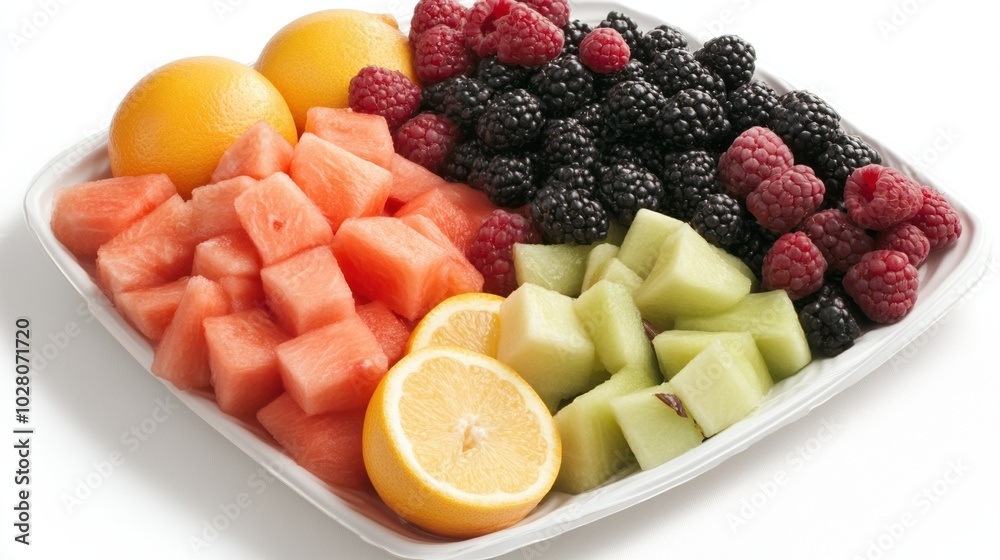 Fresh fruit platter featuring watermelon, melon, berries, and citrus fruits. Fresh fruit platter featuring watermelon, melon, berries, and citrus fruits.