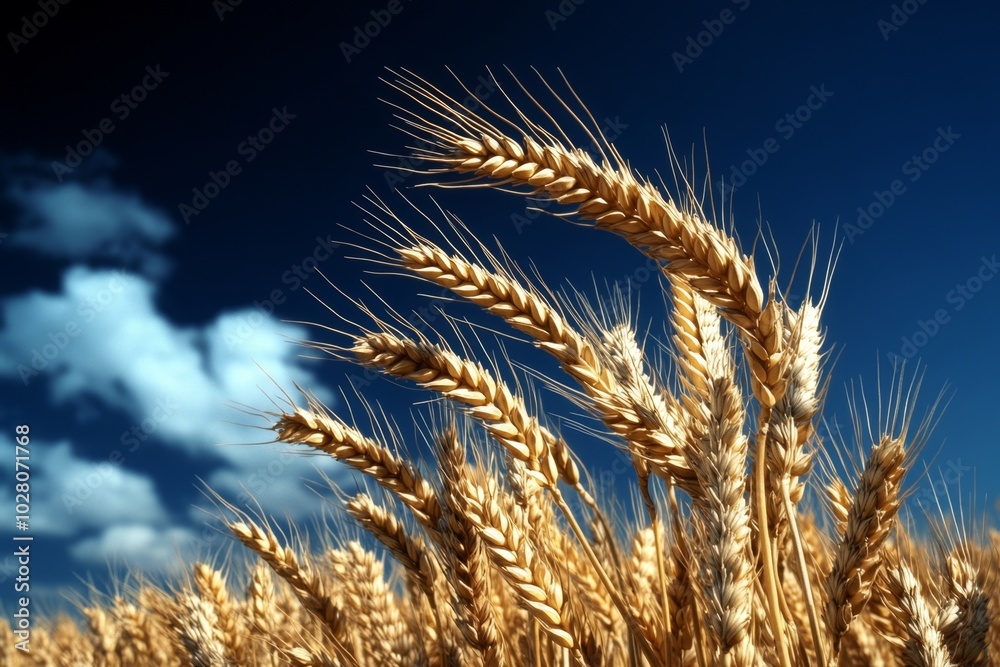 A golden wheat field swaying under a deep blue sky, the sunlight catching each stalk and creating a rich, vibrant contrast between the warm yellow and cool blue A golden wheat field swaying under a deep blue sky, the sunlight catching each stalk and creating a rich, vibrant contrast between the warm yellow and cool blue