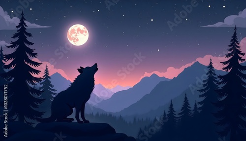 an image where he looks at night, with pine and mountains and in the background a wolf howling to the moon full with the sky purple and blue with realistic stars