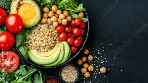 Fresh salad bowl with vegetables and grains on a dark background. photo