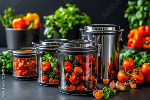 A group of high-quality stainless steel containers, with airtight lids and stackable designs, perfect for keeping food fresh in the kitchen or on-the-go photo