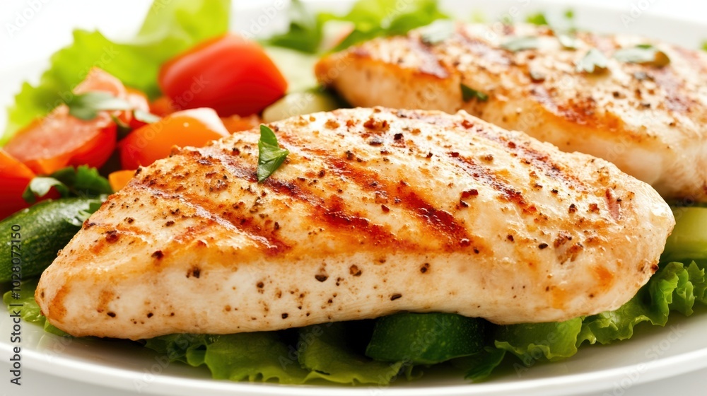 Grilled chicken fillet served with fresh vegetables on a white plate. Grilled chicken fillet served with fresh vegetables on a white plate.