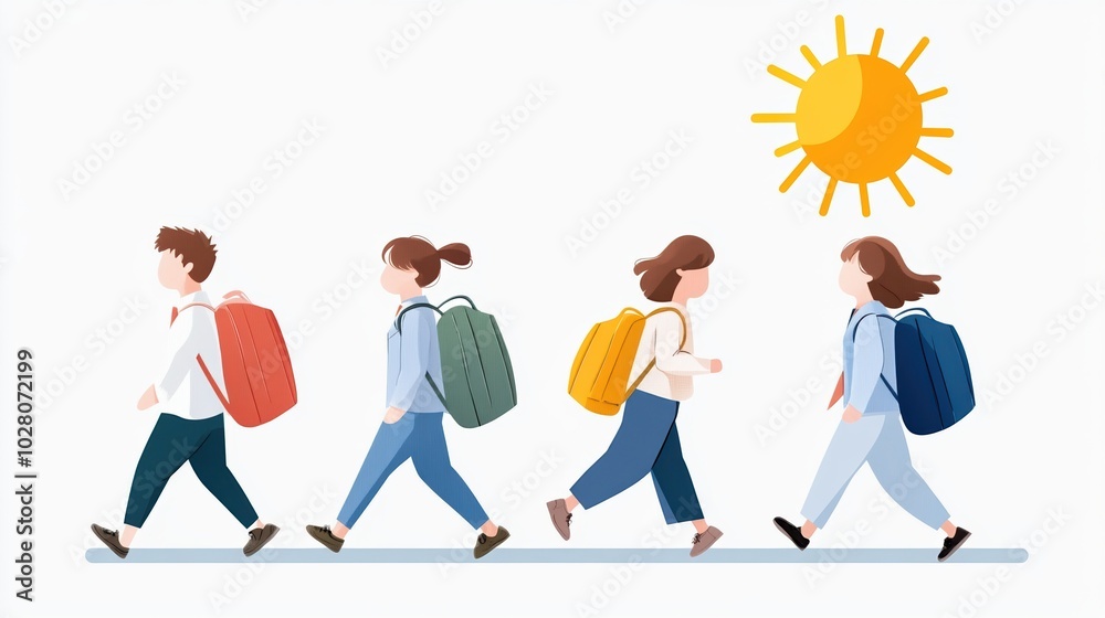 Group of people walking with backpacks under a sunny sky, white isolate background. Group of people walking with backpacks under a sunny sky, white isolate background.