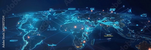 This visual highlights prominent transport routes around the world, featuring diverse transport icons and connections. Generative AI
