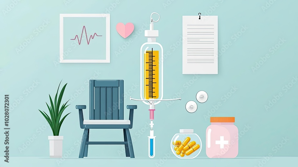 Medical supplies on a table with a chair, poster, and potted plant, light blue background. Medical supplies on a table with a chair, poster, and potted plant, light blue background.