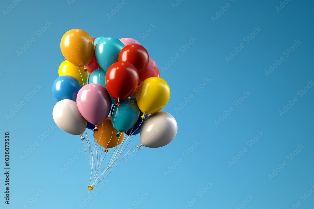 A realistic 3D scene of a bunch of helium-filled balloons rising into the air, with their strings trailing behind, disappearing into a clear blue sky A realistic 3D scene of a bunch of helium-filled balloons rising into the air, with their strings trailing behind, disappearing into a clear blue sky