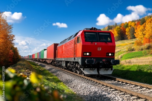 A powerful locomotive pulling a line of freight wagons, rumbling through a countryside landscape, with the rhythmic clatter of steel wheels on the tracks