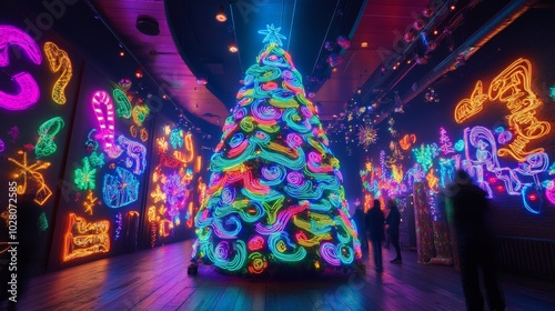 Neon-infused Christmas tree with vibrant blue, pink, and green holographic ornaments, set against a dark futuristic cityscape. LED lights pulse rhythmically. Cyberpunk, neon photo