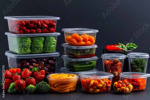 A variety of food containers in transparent and opaque plastic, stacked neatly, showcasing different sizes for meal prep and food storage, with clear lids and snap-lock systems