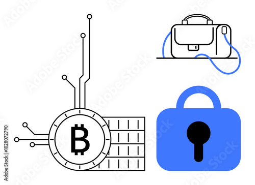 Bitcoin symbol with circuit lines, a digital wallet, and a blue padlock. Ideal for blockchain, cryptocurrency, digital finance, online security, and fintech topics. Minimalist style with clean lines