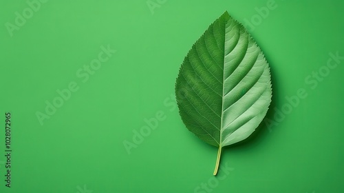 Single green leaf on vibrant background