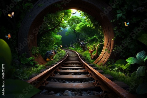 An ancient, overgrown railroad track leading to a hidden realm, with magical creatures watching from the trees as the rusted rails curve into the unknown photo