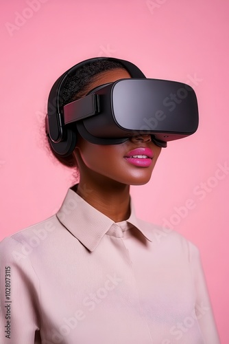 Woman wearing VR headset, pink background