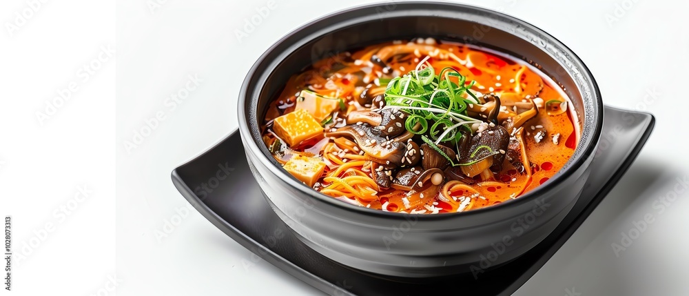 A boiling shabu shabu pot, vibrant broth with mushrooms and tofu, 3D style, isolated on white background A boiling shabu shabu pot, vibrant broth with mushrooms and tofu, 3D style, isolated on white background