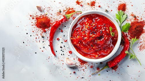 A bowl of dipping sauce, garlic, sesame, and chili, vibrant tones, watercolor style photo