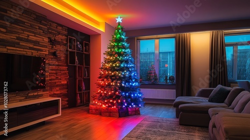 Tech-savvy Christmas tree with programmable RGB lights, casting synchronized hues of color in time with holiday tunes, set in a stylish, modern living room