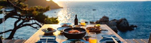 Outdoor shabu-shabu cooking experience by the sea, hot pot and ingredients on a wooden table, photo