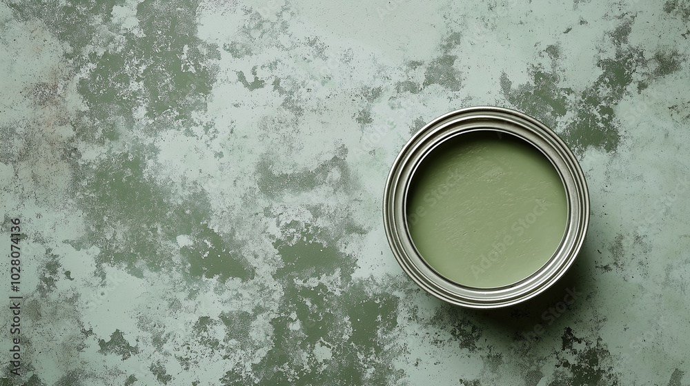 top down view, the image depicts an opened paint can filled muted moss paint placed in the center of a muted moss background top down view, the image depicts an opened paint can filled muted moss paint placed in the center of a muted moss background