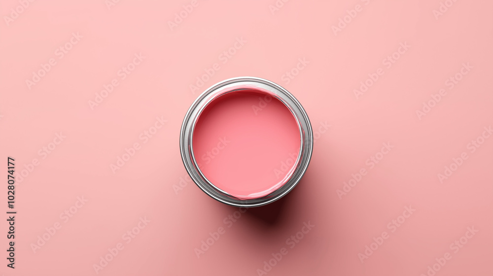 top down view, the image depicts an opened paint can filled soft rose paint placed in the center of a soft rose background top down view, the image depicts an opened paint can filled soft rose paint placed in the center of a soft rose background