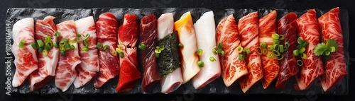 Shabu-shabu meat tray, thinly sliced beef and pork, rich colors, watercolor style